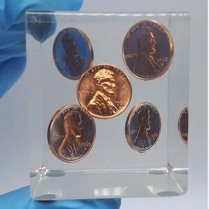 1960 D Mint 5 Penny Floating Lucite Cube Paperweight RARE EUC